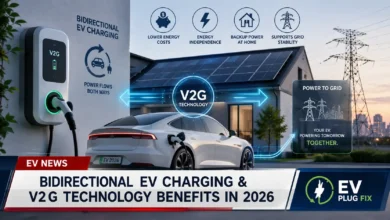Modern electric vehicle connected to bidirectional charger showing two-way power flow between car home and electrical grid in 2026