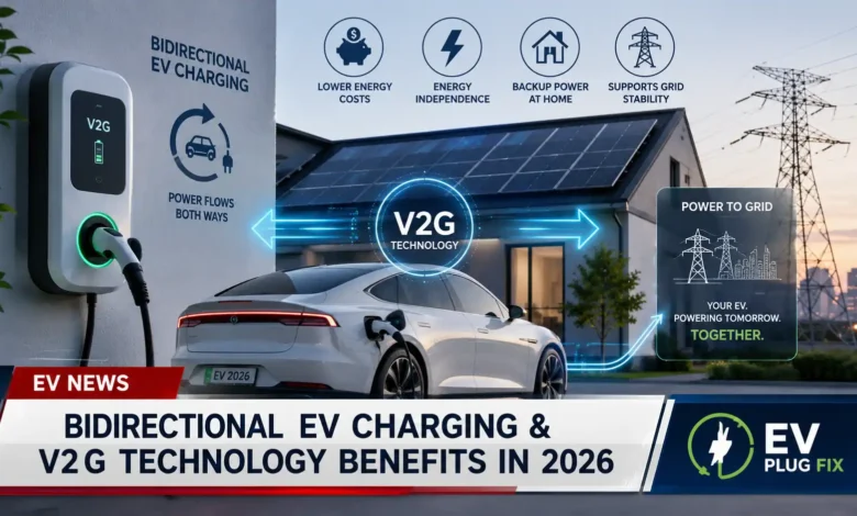 Modern electric vehicle connected to bidirectional charger showing two-way power flow between car home and electrical grid in 2026