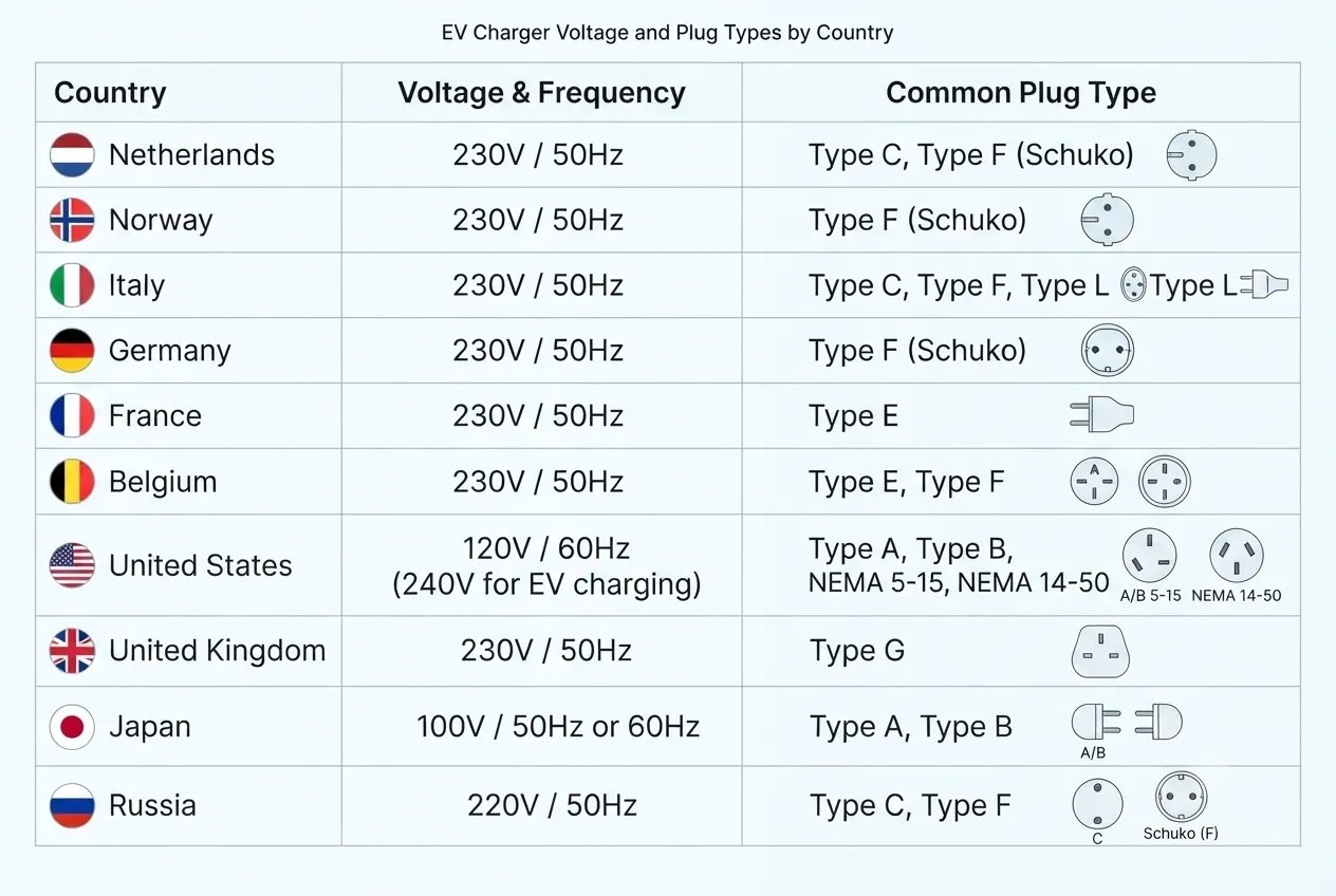 Pictures of voltage and plug types for different countries