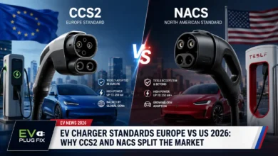 Close up comparison of CCS Type 2 European EV charger and NACS North American charging port on electric vehicles