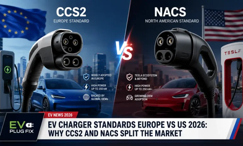 Close up comparison of CCS Type 2 European EV charger and NACS North American charging port on electric vehicles