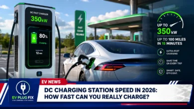 Modern DC charging station fast charging a new electric vehicle at a public charging hub in 2026