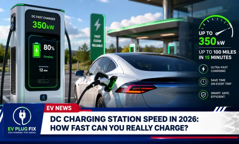 Modern DC charging station fast charging a new electric vehicle at a public charging hub in 2026