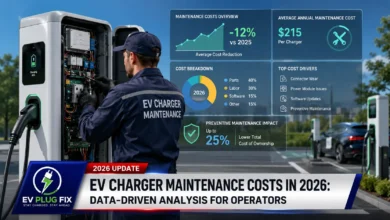 Commercial EV charger maintenance technician inspecting DC fast charger power module components 2026