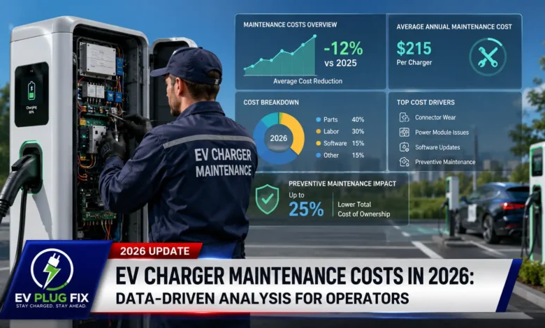 Commercial EV charger maintenance technician inspecting DC fast charger power module components 2026