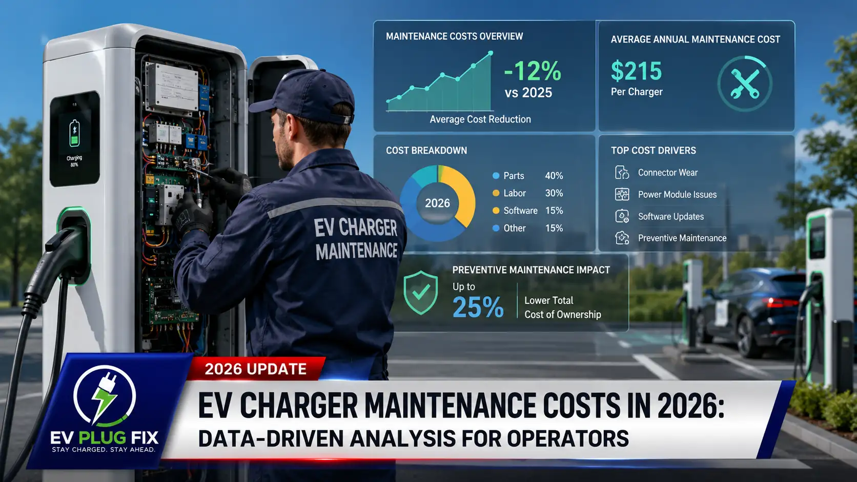 Commercial EV charger maintenance technician inspecting DC fast charger power module components 2026
