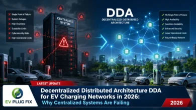 Decentralized Distributed Architecture DDA EV charging network layout with local control units at each charger station 2026