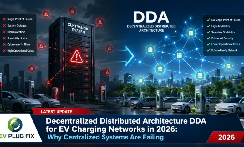 Decentralized Distributed Architecture DDA EV charging network layout with local control units at each charger station 2026