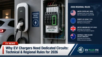 Modern electric vehicle plugged into a Level 2 home charging station mounted on garage wall with dedicated electrical panel in background