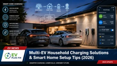 Modern family charging two electric vehicles in a well-organized home garage with dual wall-mounted EV chargers in 2026