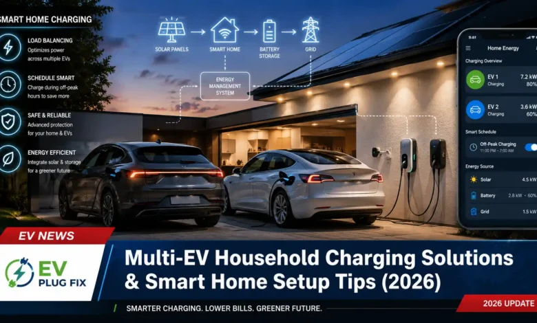 Modern family charging two electric vehicles in a well-organized home garage with dual wall-mounted EV chargers in 2026