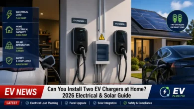 Two electric vehicles charging simultaneously on a residential driveway with a modern two-car garage and solar panels visible on the roof