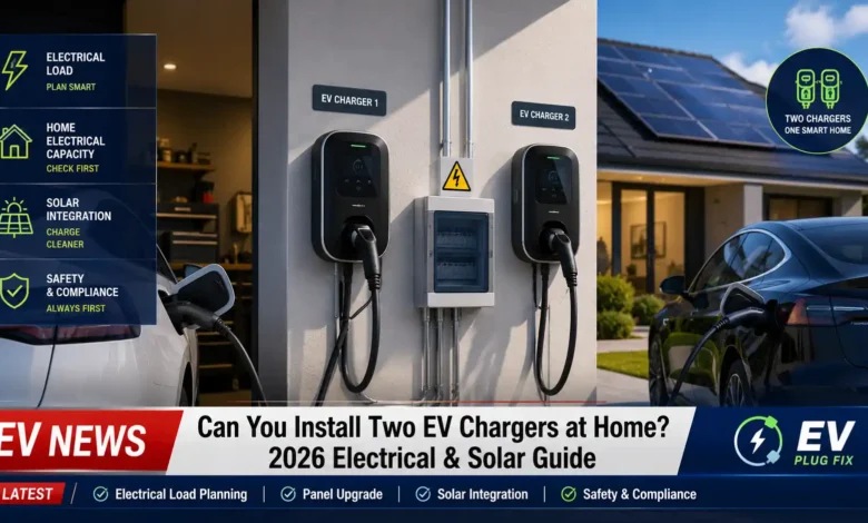 Two electric vehicles charging simultaneously on a residential driveway with a modern two-car garage and solar panels visible on the roof