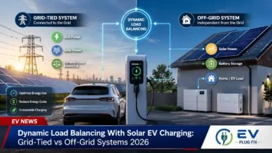 Dynamic load balancing system managing solar EV charging at commercial facility with grid-tied and battery storage integration 2026