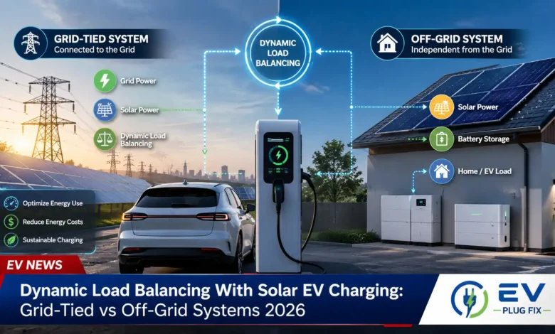 Dynamic load balancing system managing solar EV charging at commercial facility with grid-tied and battery storage integration 2026