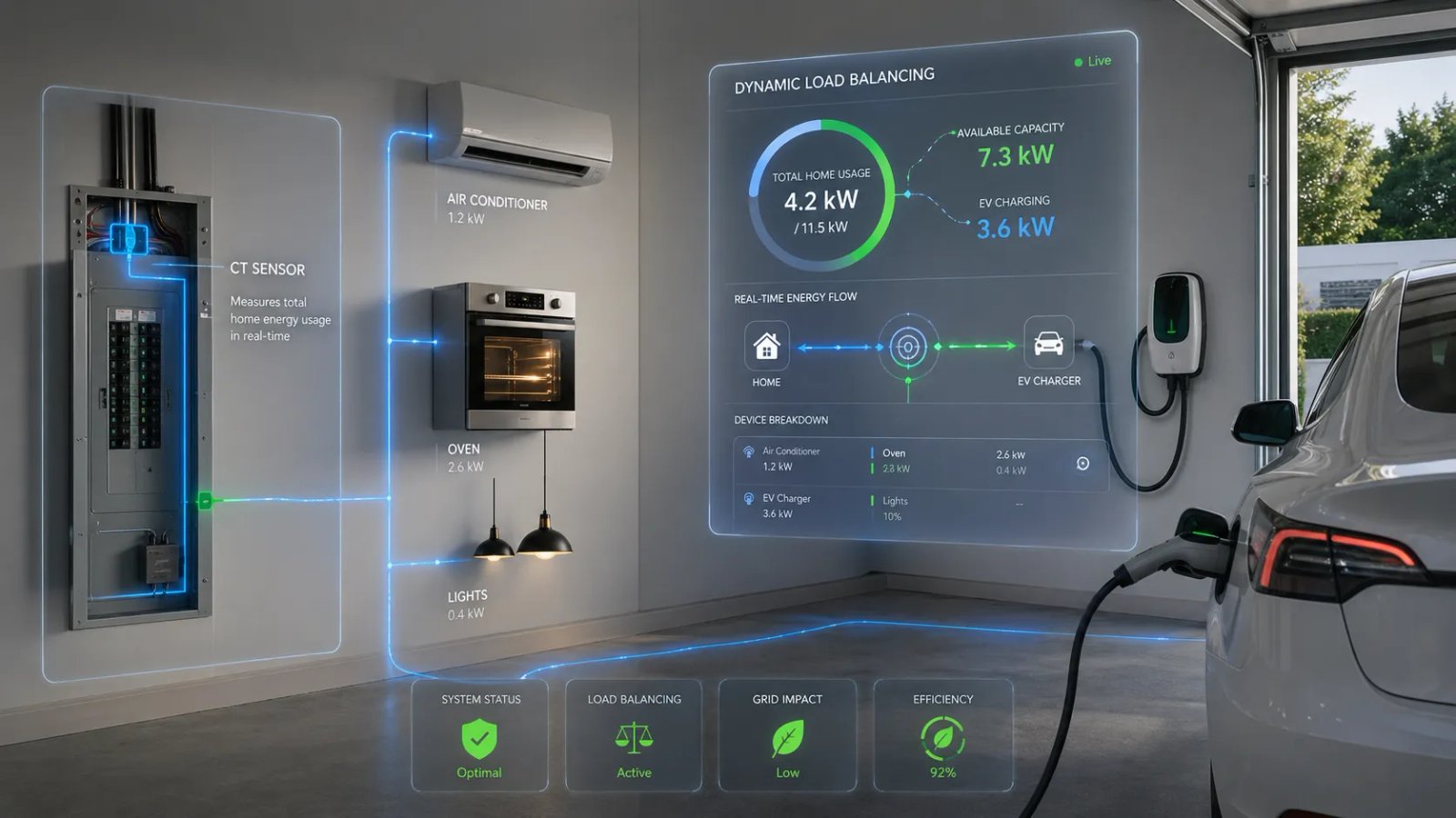 CT sensor installation on main electrical panel for dynamic load balancing EV charger