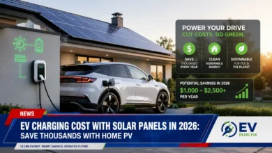 Modern electric vehicle charging from home solar panel system on roof under bright sky