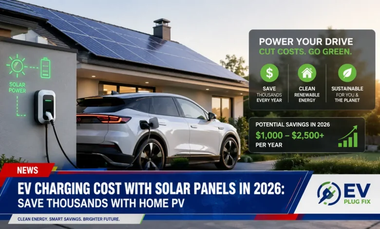Modern electric vehicle charging from home solar panel system on roof under bright sky