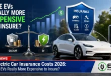 Electric car charging at public station with insurance policy documents displayed on vehicle dashboard 2026