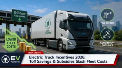 Modern electric semi-truck charging at a high-power depot with wind turbines in the background showcasing green fleet technology in 2026