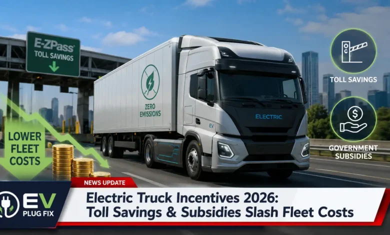 Modern electric semi-truck charging at a high-power depot with wind turbines in the background showcasing green fleet technology in 2026