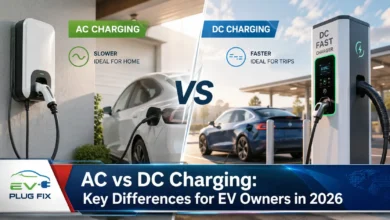 Modern electric vehicle plugged into an AC home charging station in a garage, showing the charging cable connected to the car's port