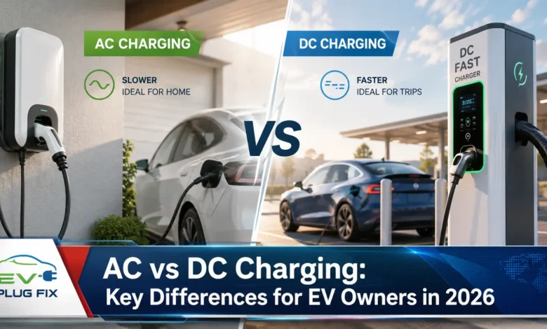 Modern electric vehicle plugged into an AC home charging station in a garage, showing the charging cable connected to the car's port