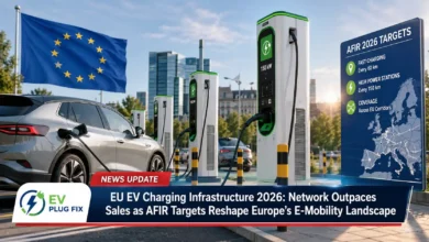 European EV charging network expansion with modern electric vehicles charging at ultra-fast public stations along a European highway in 2026
