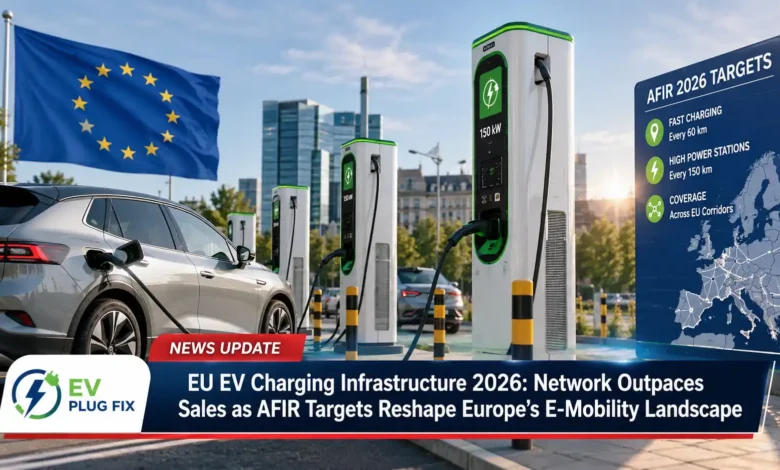 European EV charging network expansion with modern electric vehicles charging at ultra-fast public stations along a European highway in 2026