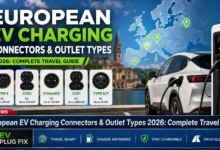 European EV charging connectors comparison showing Type 2 Mennekes and CCS2 charging standards at a public charging station in Europe 2026