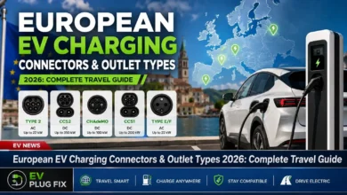 European EV charging connectors comparison showing Type 2 Mennekes and CCS2 charging standards at a public charging station in Europe 2026