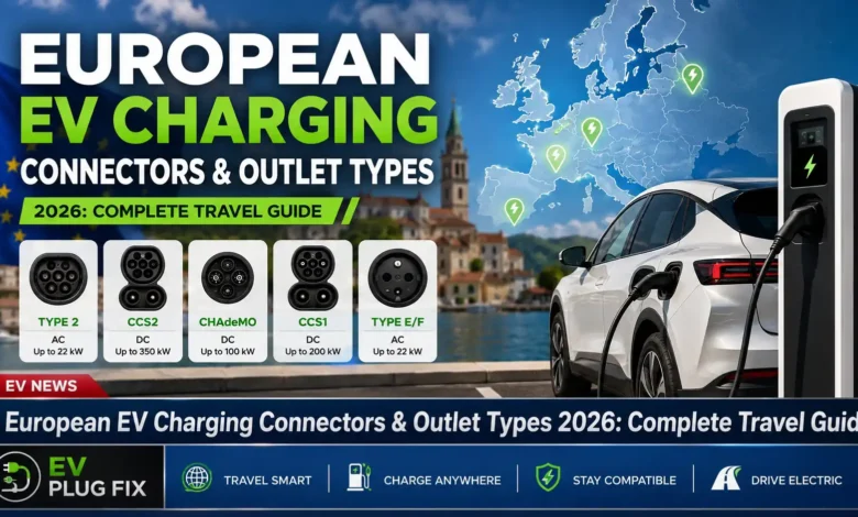 European EV charging connectors comparison showing Type 2 Mennekes and CCS2 charging standards at a public charging station in Europe 2026
