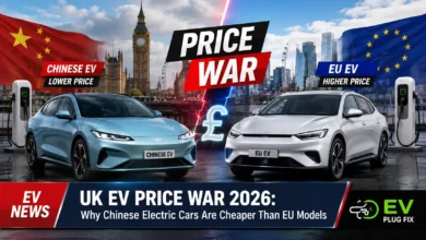 Chinese electric vehicles parked at UK charging station highlighting competitive EV pricing in 2026 market