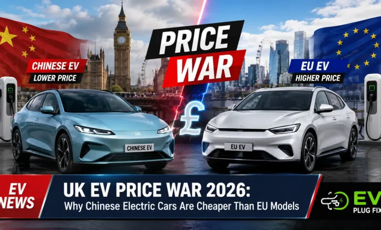 Chinese electric vehicles parked at UK charging station highlighting competitive EV pricing in 2026 market