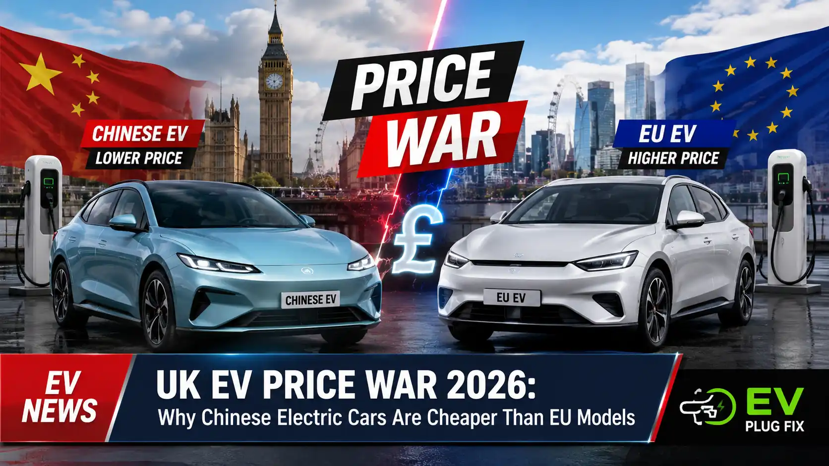 Chinese electric vehicles parked at UK charging station highlighting competitive EV pricing in 2026 market