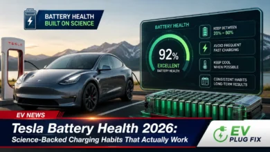 Tesla Model 3 plugged into a home Level 2 wall charger in a modern garage with charging cable connected to the charge port