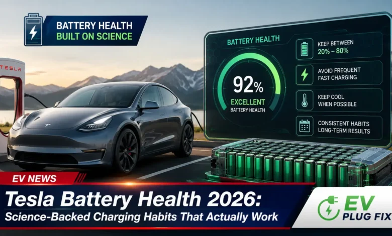 Tesla Model 3 plugged into a home Level 2 wall charger in a modern garage with charging cable connected to the charge port