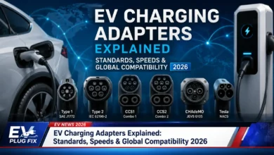 Array of global EV charging adapters including CCS1, CCS2, NACS, CHAdeMO and GB/T connectors displayed for comparison 2026