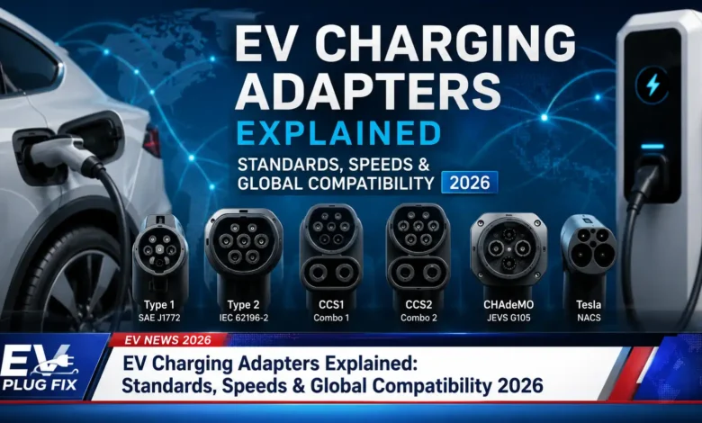 Array of global EV charging adapters including CCS1, CCS2, NACS, CHAdeMO and GB/T connectors displayed for comparison 2026