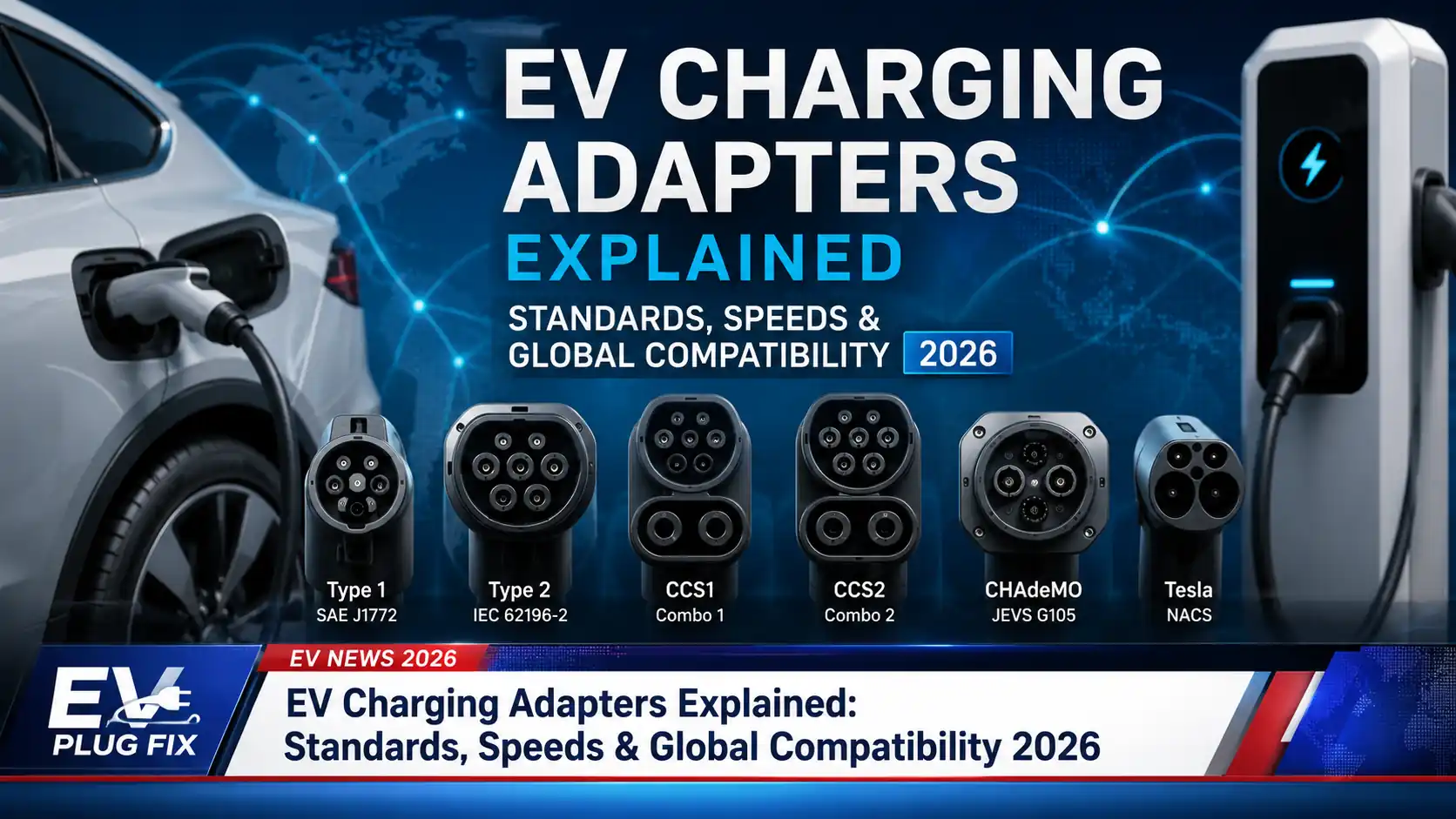 Array of global EV charging adapters including CCS1, CCS2, NACS, CHAdeMO and GB/T connectors displayed for comparison 2026