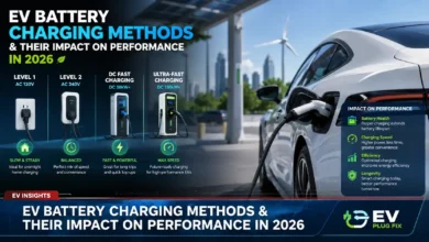 Modern electric vehicle plugged into a high-speed DC fast charger at a public charging station in 2026