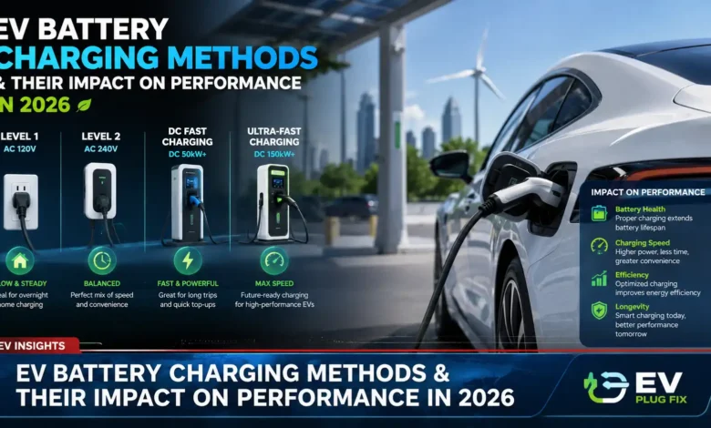 Modern electric vehicle plugged into a high-speed DC fast charger at a public charging station in 2026