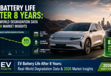 Professional infographic showing EV battery state of health after 8 years with degradation curve and key data points for 2026