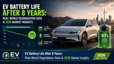 Professional infographic showing EV battery state of health after 8 years with degradation curve and key data points for 2026