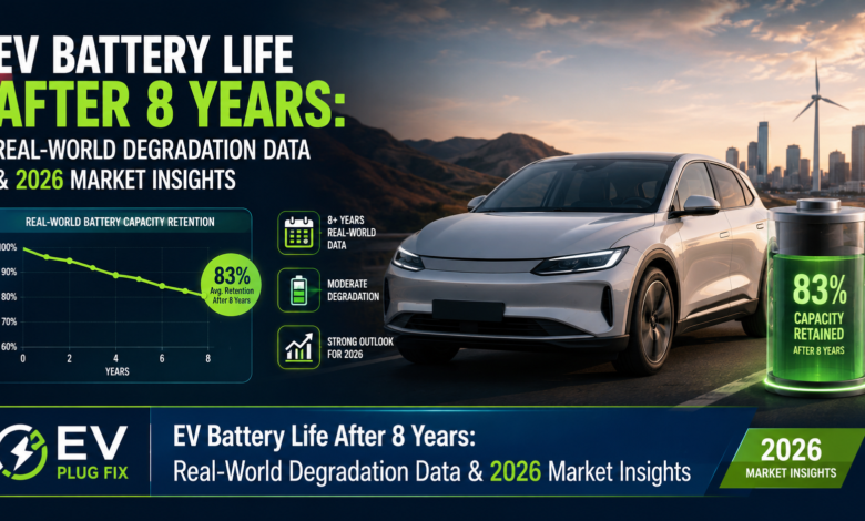 Professional infographic showing EV battery state of health after 8 years with degradation curve and key data points for 2026