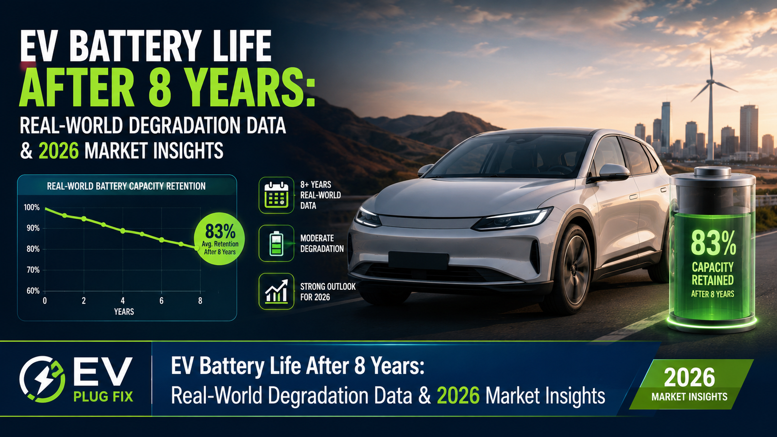 Professional infographic showing EV battery state of health after 8 years with degradation curve and key data points for 2026