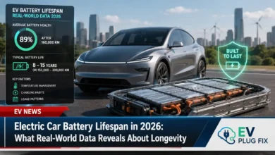 Electric car battery pack being inspected for lifespan and health diagnostics in a modern service center