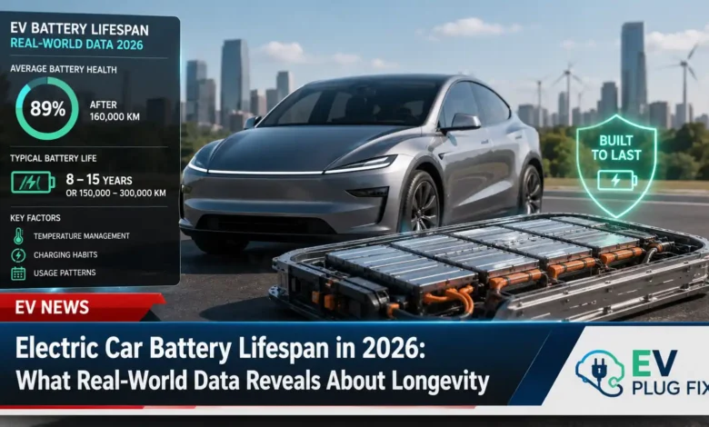 Electric car battery pack being inspected for lifespan and health diagnostics in a modern service center