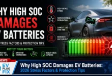 Close-up of an electric vehicle battery pack being inspected, highlighting the importance of managing state of charge to prevent degradation in 2026