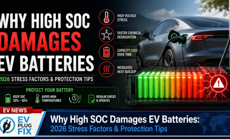 Close-up of an electric vehicle battery pack being inspected, highlighting the importance of managing state of charge to prevent degradation in 2026